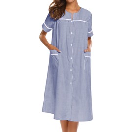 Ekouaer House Dress for Women with Pockets Button Front Duster Housecoat Short Sleeve Nightgown Pajama Dress Plus Size Bathrobe, Blue, Small