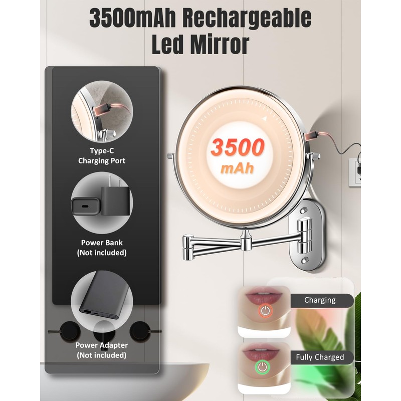30X/1X Wall Mounted Lighted Makeup Mirror, 8'' Double Sided Rechargeable
