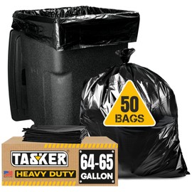 Tasker 64 Gallon Trash Bags Heavy Duty (Value-PACK 50 Bags w/Ties) 64 Gallon Trash Bags | 65 Gallon Trash Bag Heavy Duty Large Black Industrial Garbage Bags | 60 Gallon Garbage Bag