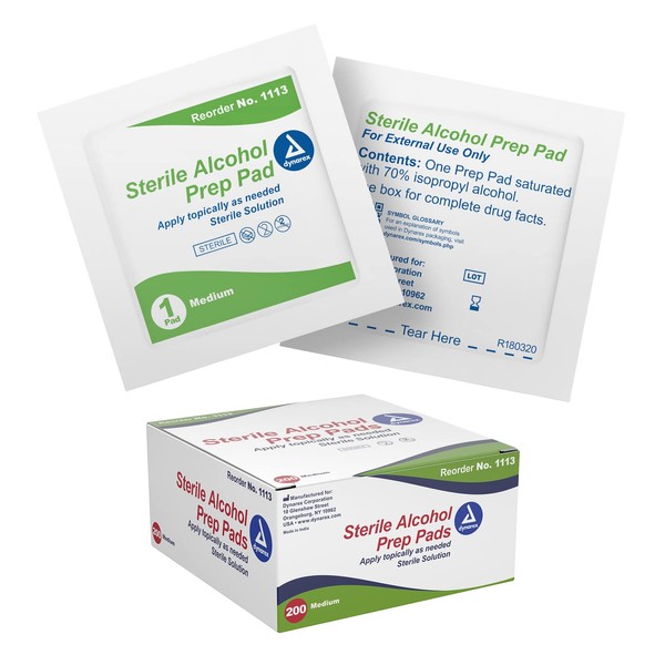 Dynarex Alcohol Prep Pads, Medical-Grade and Non-Woven Prep Pads, Saturated with 70% Isopropyl Alcohol, Rapid-Acting Antiseptic Wipes, 1-Ply, Medium, 1 Box of 200 Alcohol Prep Pads
