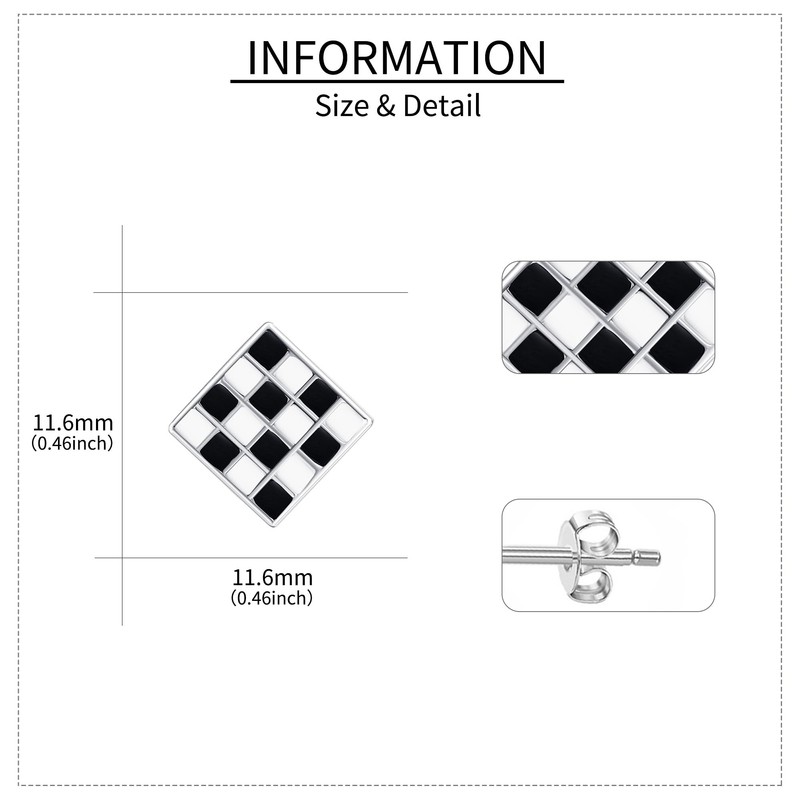 URONE Checkered Earrings 925 Sterling Silver Black and White Checkered