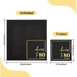 Ottin Black Cheers to 80Years Cocktail Napkins, 5x5 Inches, 50 Counts, 3-Ply Disposable Party Napkins for 80th Birthdays Decorations, Anniversaries, Weddings, Indoor & Outdoor Celebrations, Gold Foil