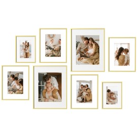 eletecpro Aluminum Gallery Wall Frame Set of 8, Including 2Pcs 11x14, 4Pcs 8x10, 2Pcs 6x8 Photo Frames for Wall or Tabletop Display, Multiple Sizes Picture Frames Collage Wall Decor, Gold