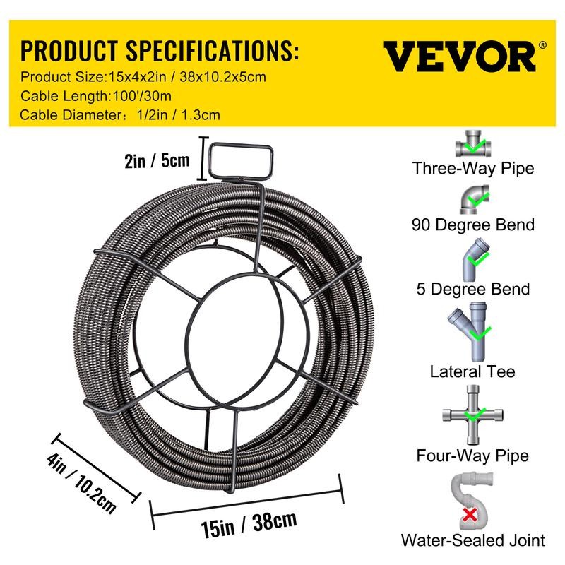 VEVOR Drain Cleaning Cable 100 Feet x 1/2 Inch Solid