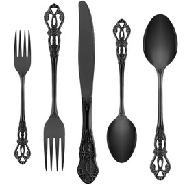 Black Silverware Set for 8, Stainless Steel Gorgeous Retro Royal Flatware Set, 40-Pieces Cutlery Tableware set, Kitchen utensils set Include Spoons And Forks Set, Mirror Finish, Dishwasher Safe