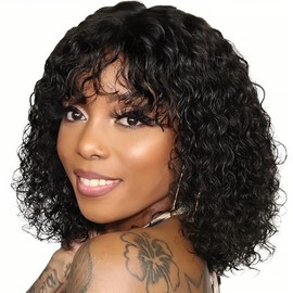 ALISFEEL Water Wave Bob Wigs with Bangs Human Hair for Black Women Glueless Brazilian Short Curly Bob Wig Unprocessed Non Lace Front Wigs with Bangs 150% Density Natural Black (10 Inch)