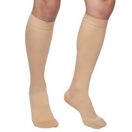 MGANG® Calcetines de compresión, puntera cerrada, 20-30 mmHg, compresión graduada hasta la rodilla, medias de apoyo alto para unisex, DVT, embarazo, venas varicosas, hinchazón, edema, espinillas, 1 par, beige, M