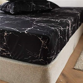 Boqingzhu Fitted Sheet 160 x 200 cm Black White Marble Look Pattern Fitted Sheet Microfibre Bed Sheet for up to 30 cm Mattress