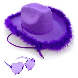 4E's Novelty Purple Cowboy Hat with feathers With Heart Shaped Sunglasses, Adult Size Womens Cowgirl Hat for Party Dress Up, Mardi Gras Outfit Accessories