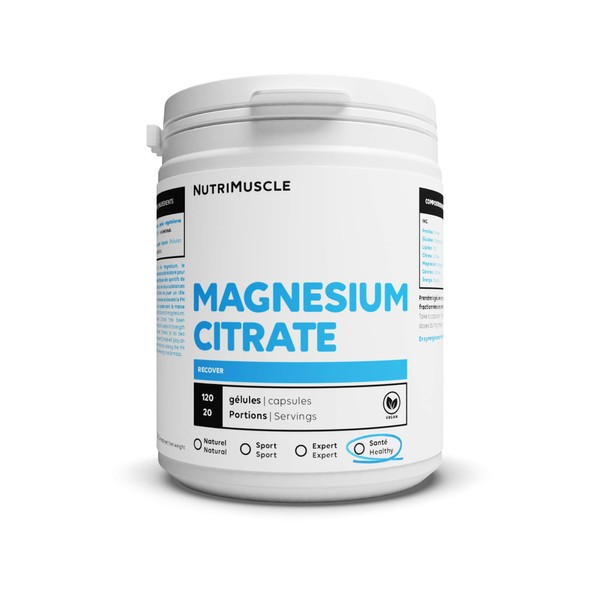 100% Pure Magnesium Citrate | French Minerals • Dosed for Athletes • For Recovery & Energy • Cardiovascular Protection • Vegan Supplement | Nutrimuscle | 120 Capsules