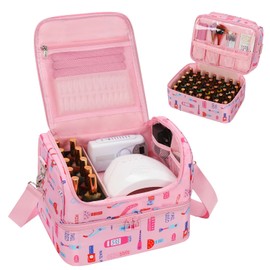 Nail Polish Organizer Case - Holds 45-90 Bottles & UV Nail Lamp, Nail Tech Organizers And Storage Bag for Nail Supplies & Manicure Kit & Pedicure Tools, Nail Technician Case (Cartoon Pink, 45 Slots)