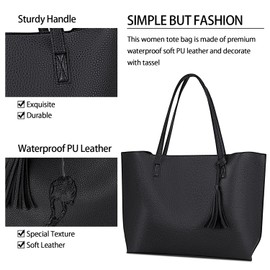 NUBILY Handbags Women's Shopper Women's Large Leather Shoulder Bag Handbag 2 Pieces Set Simple Tote Bag Shoulder Bag Tassel for School Business Travel, black, Shopper