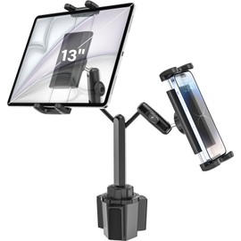 Dosvsi Car Tablet Cup Holder [Newest Improved Dual Metal Arms] Car Cup Tablet Holder Drink Holder for Car Smartphone Stand Increased Stability Fall Prevention 360 Degree Rotation Freely Adjustable,