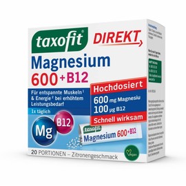 taxofit® Magnesium 600 + B12 Direct, 20 Servings of Direct Granules, Magnesium Oxide High Dose 600 mg, Vitamin B12 & B1, Supports Energy Metabolism, Vegan & Laboratory Tested
