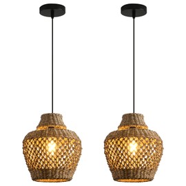 Teru Ji Kaikang Rattan Pendant Light Fixtures,11.02" Boho Rattan Pendant Light,2-Pack Hand Woven Seagrass Chandelier for Workplace Occasions Restaurants Dining Living Bedroom Kitchen Farmhouse