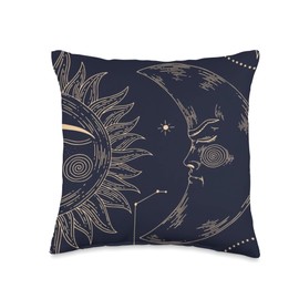 Modern Mystical Card Sun with Face and Crescent Moon on Blue Throw Pillow