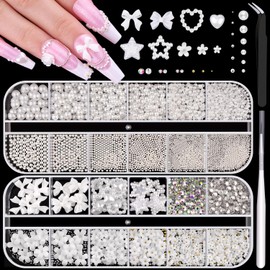 Flatback Pearls (White) and Metal Nail Beads (Silver+Gold) and 3D Flowers for Nail Art, Nail Rhinestones Round Caviar Beads Bows Blossom Heart Star Pearl Nail Charms for Manicure Decor