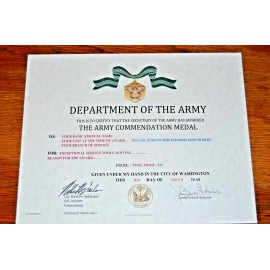 United States Army Commendation Medal Certificate, not embossed ARCOM