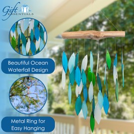 Blue Handworks Ocean Waterfall Glass and Driftwood Chime, Sandblasted Glass and Found Wood Handcrafted Wind Chime