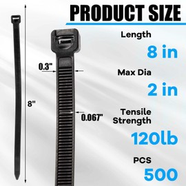 Reallnaive 500 Pcs Zip Ties Heavy Duty 120 LBS Tensile Strength Black Nylon Wire Cable Ties for Indoor Outdoor (8 Inch)