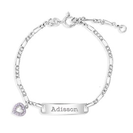 925 Sterling Silver Engravable Tag ID Bracelet With Pink CZ Heart Charm For Little Girls & Preteens 5.5"-6.5" - Pink Cubic Zirconia Charmed Bracelet For Girls - Customized Girls Bracelets