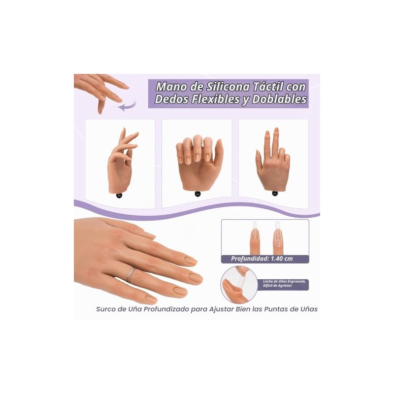 Mano de práctica para uñas acrílicas, maniquí de silicona realista