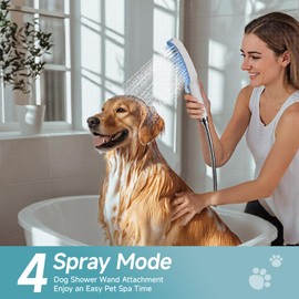 Dog Shower Attachment with 4 Adjustable Spray Patterns, Pet Shower Attachment Hose for Easy Installation, Dog Shower Brush for Bathing and Grooming, Indoor/Outdoor Use，Blue/White