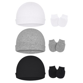 ZURLEFY Cotton Black Baby Boy Hats and Mittens Set Unisex, 3 Pack Toddler No Scratch Mittens and Beanie Cap Infant Newborn Hospital Hat (54-01-3P)