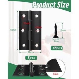 JatilEr 8 Pcs Door Hinges 68mm × 38mm, Black Hinges for Wood Stainless Steel, Butt Hinges for Internal Outdoor with 48 Pcs Screws for Light Gate, Windows, Closet, Drawer, Boxes