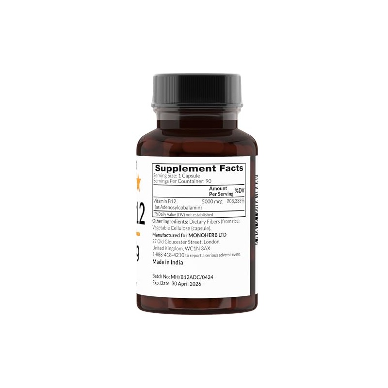 MONOHERB Adenosylcobalamin B-12 Vitamin 5000 mcg - 90 Capsules