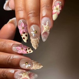 RikView Uñas postizas medianas de almendra, color rosa con diseño floral, acabado brillante, cobertura total, para mujer, 30 piezas/set.