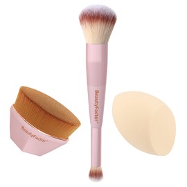 Set de Brochas de Maquillaje - 3 Piezas Kabuki, Rubor, y Corrector Brochas Mezcladoras Con Esponja para Base, Crema, y Polvo - Calidad Profesional,...