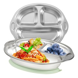 Mrs. Chou Stainless Steel Baby Suction Plates: Divided Plates for Babies and Toddlers, Made of 100% Food-Grade Materials Ideal for Baby-Led Weaning BPA-Free Toddler Feeding Dishwasher Safe Green