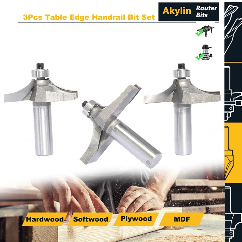 Akylin 3Pcs Table Edge and Handrail Router Bit,1/2 Inch Shank,