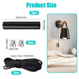 2 Pcs Bathroom Pull Cords, Black Zinc Alloy Light Pulls with 1.5m Cords