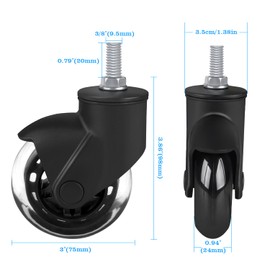 Toplimit 3" Office Chair Wheels Replacement with Threaded Stem 3/8"-16x1 Heavy Duty Set of 5, Screw in Rubber Caster Wheels, Desk Chair Casters, Safe for Wood Floor, Tile and Carpets