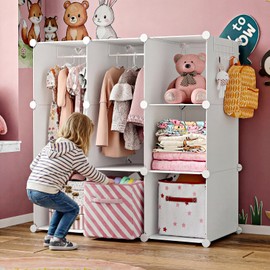 deijiner Portable Baby Wardrobe Closet Lightweight Kids Storage Organizer with Side Hooks - DIY Modular Small Toy & Clothing Organizer, 35.4x15.7x35.4 Inches(White)