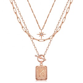 14K Gold Plated Layered Initial Necklaces for Women Trendy, Simple Square Letter K Necklace, Paperclip Chain Necklace, Initial Choker Necklace Rose Gold Layered Necklaces Jewelry for Women