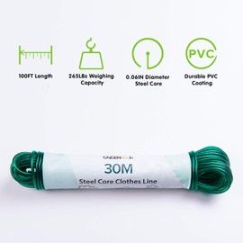 GZBtech Steel Core Washing Line with & Green PVC Coating, 30m/100ft Strong Clothesline Rope of 265lbs Bearing Capacity, Rust-proof and Weather Resistant String Line for Outdoor Garden Airer