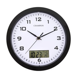Champion 25cm Quartz wall clock with inset LCD display with day/date - Black