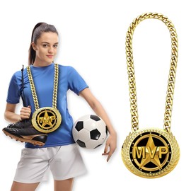 Gold MVP Award Medals Necklace - 6" Big Sports Achievements Champ Medal with Turnover Chain for Most Valuable Player,Champion Chain for Sports Competitions Celebration, Prize Gifts Party Favors