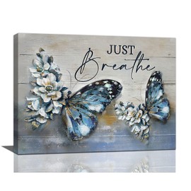 Farmhouse Blue Butterfly Flower Decor Wall Art Vintage Rustic Country Butterfly Just Breathe Pictures Wall Decor Canvas Painting Prints Artwork Home Decorations Framed for Bathroom Bedroom 24"x16"
