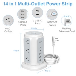 Flat Plug Power Strip Tower with 9 Outlets and 5 USB Ports (2 USB C), AiJoy 1200J Surge Protector Tower with 6.5 Feet 1625W/13A Extension Cord with Multiple Outlets for Home Office Dorm