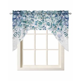 Spring Eucalyptus Leaves Swag Valances for Kitchen Window, Blue Floral Swag Curtains Drapes for Bedroom Bathroom Over Sink Summer Botanical Rod Pocket Window Treatment Printed Valances, 56x36 Inch