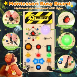 Ophy Montessori Spielzeug - Busy Board ab 1 2 3 Jahr Holzspielzeug mit 9 Schalter 16 LED-Leuchten Motorikspielzeug Activity Board Lernspielzeug Reisespiele Spielzeug für Babys ab 1 2 3 4 Jahre