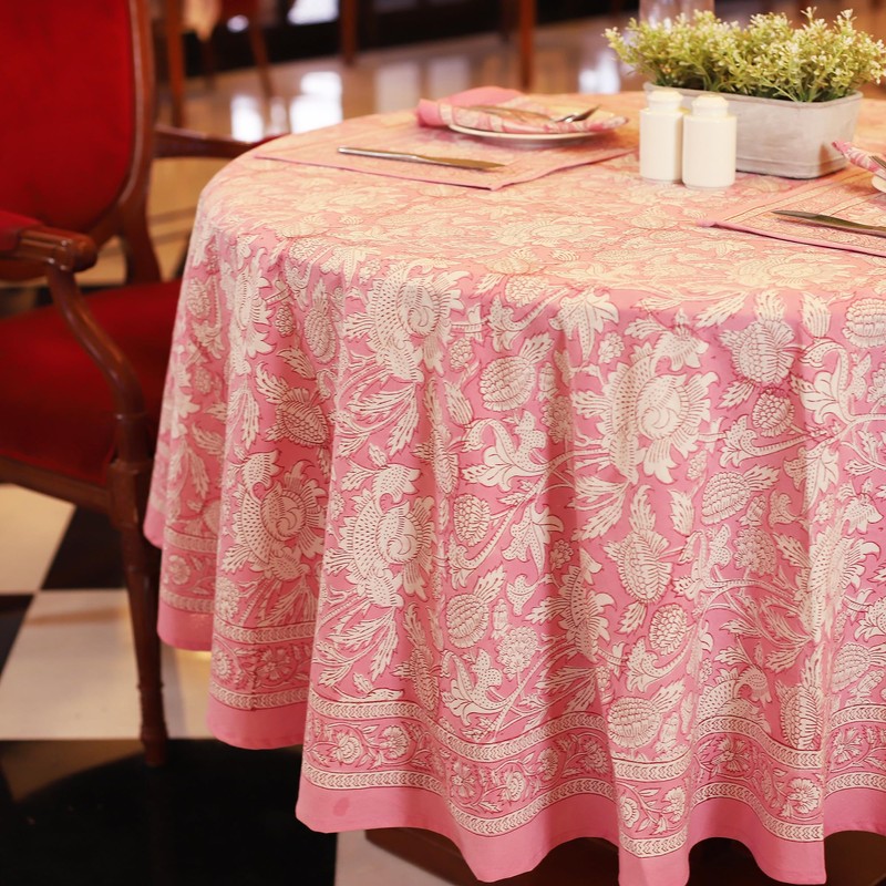 Labhanshi Pink Block Print Round Table Cloth|Indian Round Floral Cotton