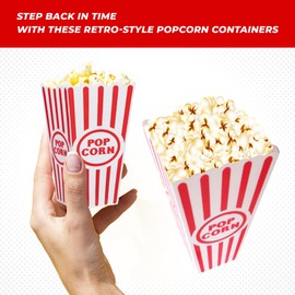 Gadgetime USA Plastic Popcorn Containers for Movie Nights - Red & White Classy, Vintage Style Buckets - Tall, Reusable Retro Cups for Carnivals - Dishwasher Safe (Pack of 5)