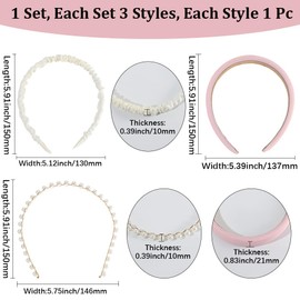 CABODYALS 3PCS 3 Styles Pink Pearl Hair Band Non Slip Wide Padded Headbands Cute Solid Stylish Fashion Headband White Faux Pearls Bead Dainty Head Band Set for Women Wedding Outfit Hair Accessories