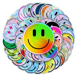 50PCS Smiling Holographic Stickers, Cute Water Bottle Stickers for Kids, for Teaching Rewards, Notebooks, Stationery, Luggage, Cartoon PVC Happy Stickers