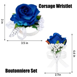 Vkkperp 2Pcs Blue Rose Corsage and Boutonniere Set, Corsage Wristlet Band for Prom Suit Decorations, Artificial Boutonniere for Men Wedding Party Flower Accessories